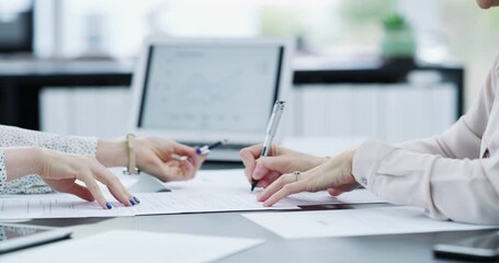 Hand signing documents, closeup of lawyer, banker and financial advisor advising where a client should sign. Woman signing a car insurance contract after checking terms and conditions. - Powered by Adobe