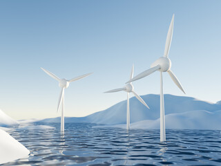 three wind turbines in water arctic landscape . 3d render of sustainable energy 