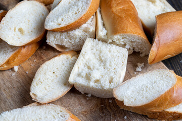 a wheat baguette cut into pieces, close up