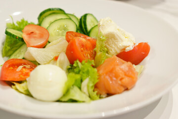 Salad made from cucumbers, tomatoes, eggs, and cabbage inside a white plate. Whole. Vitamin. Yellow. Dish. Onion. Ripe. Breakfast. Object. Eating. Cooked. Tomat. Bowl