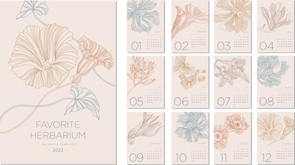 2023 calendar layout on a botanical theme. Calendar design concept with flowers in vintage style. Set of 12 months 2023 pages. Vector illustration - 524144926