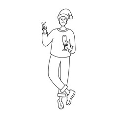 Linear illustration of a young men in a New Year's cap with wine glass. Christmas party, holiday, fun. Vector image, black and white, expanded stroke. Doodle art.