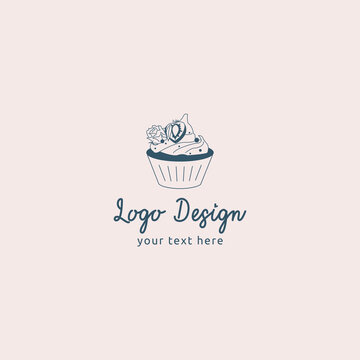 Vector sweet cupcake dessert logo with strawberry and rose decoration in flat design style for birthday, shops, confectionery, wedding and other business
