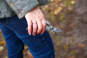 Defocus gardening scissors. Female hand holding gardening scissors. Gardener with pruning shears in hand. Nature blur background. Out of focus