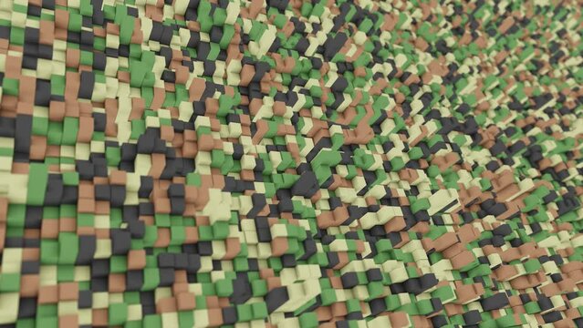 Abstract looping DOF camera 3D animation of the moving classic khaki camouflage colors cubic pattern rendered in UHD as motion background