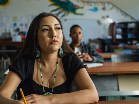 Native boy looks at Native girl in class from behind