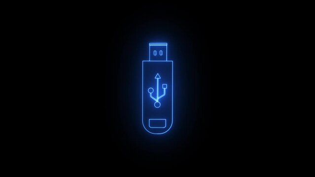 Glowing neon line USB flash drive icon isolated on black background. 4K Video motion graphic animation
