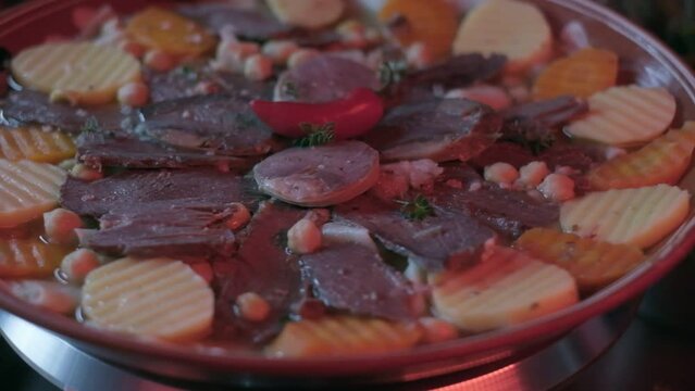 Close-up of national Kazakh dish Beshbarmak made of veggies