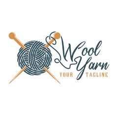 Knitting yarn logo. Ball of yarn and knitting tools elements, for sewing and knitting, fashion, clothing stores, and garment companies