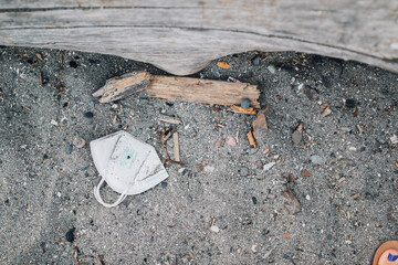 an abandoned, used kn95 face mask on a sandy beach, litter