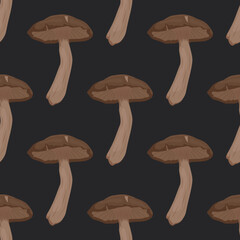 Vector Seamless Pattern with Shiitake Mushroom on Black Background. Seamless Texture, Hand Drawn Cartoon Shiitake Mushrooms. Design Template for Textile, Wallpaper, Print
