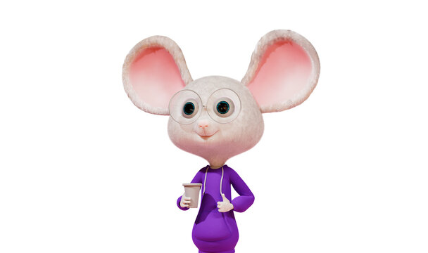  Cartoon character holding a cup of coffee, 3d render. Cartoon mouse hold paper coffee cup and shows a thumbs up.