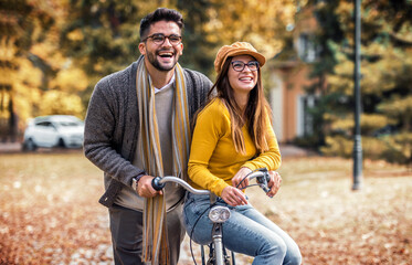 Meeting in the park. Romantic couple in the autumn park. Love, dating, romance