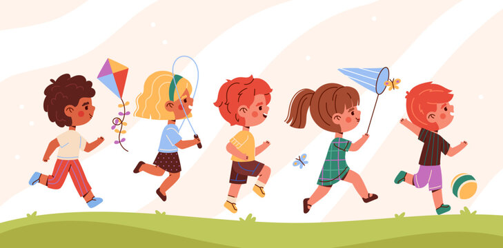 Friends on outside walk. Boys and girls with different toys run after each other along path in park. Group of children with ball, skipping rope and kite playing. Cartoon flat vector illustration