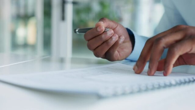 Contract, form and sign paperwork of business man quickly reading through information. Closeup of male employee hands scanning and signing papers for agreement to follow work policy.