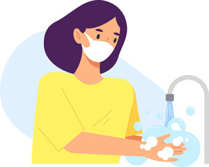 Young woman wear face mask and washing hand with water and soup to prevent virus, bacteria and germs.