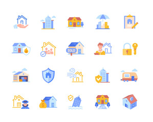 Property set of colorful icons. Bright stickers with houses, apartments and warehouses. Real estate insurance. Design for social networks. Cartoon flat vector collection isolated on white background