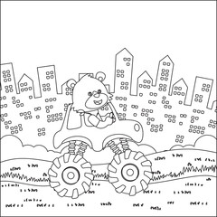 Vector illustration of monster truck with cute animal driver. Cartoon isolated vector illustration, Creative vector Childish design for kids activity colouring book or page.