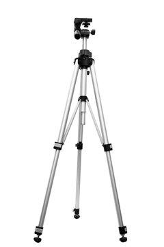 An isolated camera tripod on a white background. It will help to hold a DSLR camera or a flash light or a video camera.