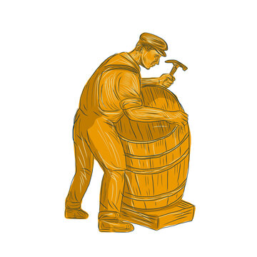 Cooper Making Wooden Barrel Drawing