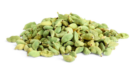 Pile of dry cardamom seeds on white background