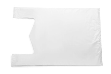 Blank plastic bag on white background, top view. Space for design