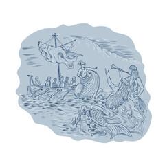 Greek Trireme Navigator Pointing Avoiding Sirens Drawing