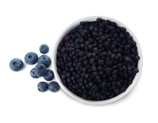 Sweet sublimated and fresh blueberries on white background, top view