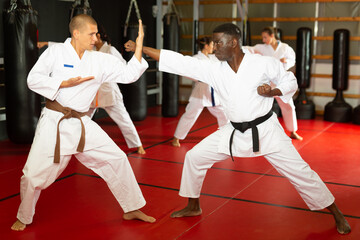 African-american and European men in kimono sparring together during group karate training in gym. Women sparring in background. © JackF