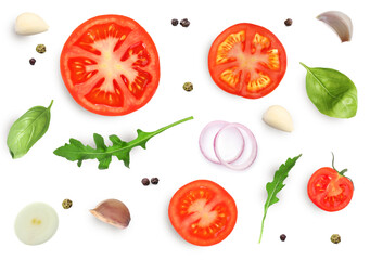 Fresh ripe tomatoes with garlic, onion, basil, arugula and peppercorns on white background, top view