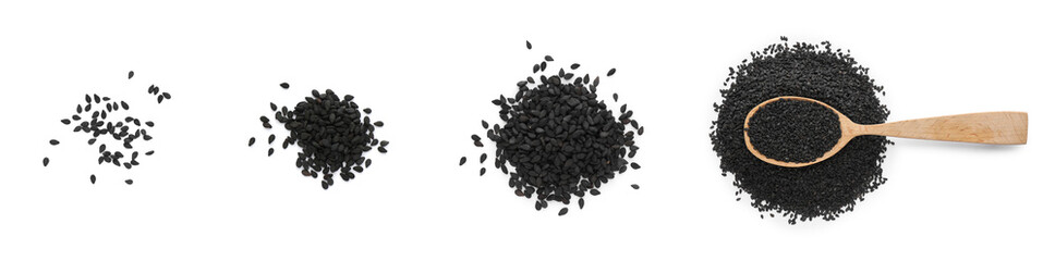 Set with black sesame seeds on white background, top view. Banner design