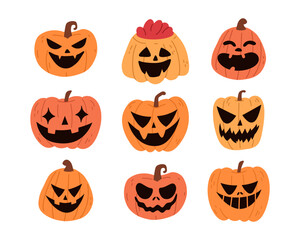 Set of carved Halloween pumpkins. Scary Halloween pumpkin characters. Creepy pumpkin monsters for october holiday. Spooky autumn pumpkins