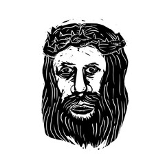 Christ Savior Head with Thorns Woodcut