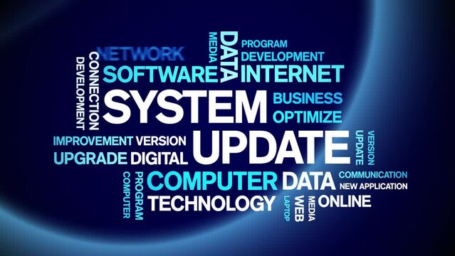 System Update animated tag word cloud;text design animation kinetic typography seamless loop.