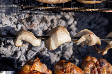 A fire made of logs while cooking barbecue