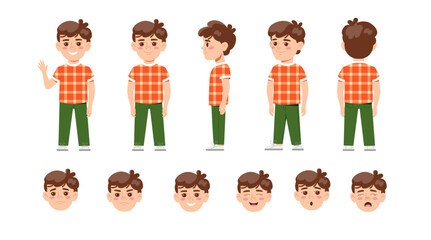 Little boy character. Full length child and face with different emotions. Set of design elements for animation with cute preschooler. Cartoon flat vector collection isolated on white background © Rudzhan