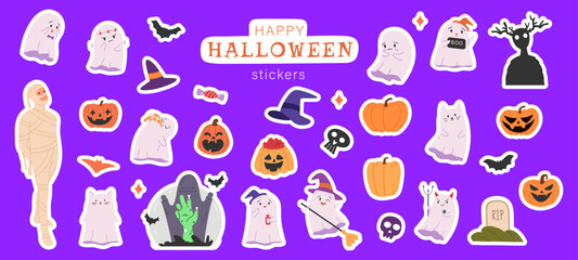 Set of Halloween stickers. Pumpkins, ghosts, mummy and bats. Isolated sticker pack with Halloween elements. Cool patches, pins in cartoon style. Flat vector stickers
