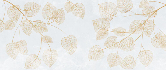 Golden eucalyptus leaves in line style on a white background. Botanical art banner with exotic plants for wallpaper, decor, print, interior design.