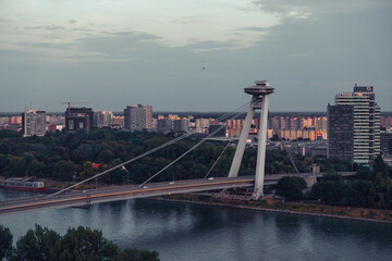 View of the UFO bridge in Bratislava, Slovakia
