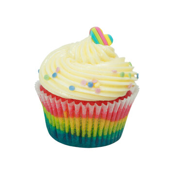 PNG. Rainbow Cupcake White Cream, And Rainbow Sugar Cubes Hearts.