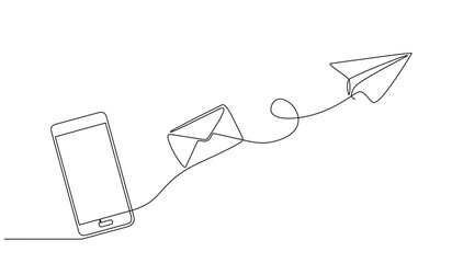 Continuous one line drawing of a chat messages on smartphone. Smartphone device concept sending instant message with flying envelope and paper airplane in doodle style. vector illustration