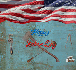 Construction and manufacturing tools with patriotic US, USA, American flag on blue background