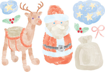 柔らかいタッチで描いたサンタクロースとトナカイのイラスト