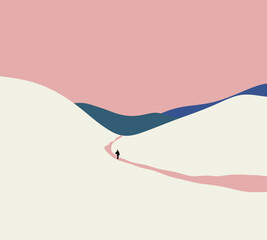 Man walking alone in the mountains with pink sky. Abstract contemporary aesthetic background landscape. Minimalist art and design