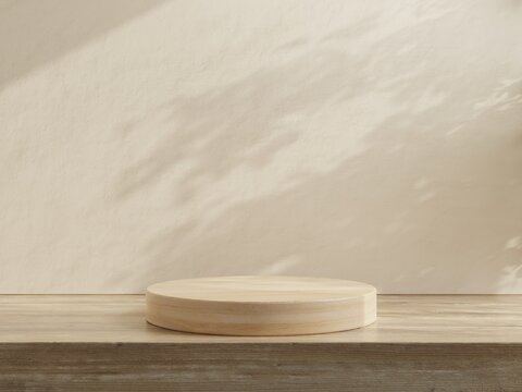 Wood podium in abstract cream color composition for product presentation.