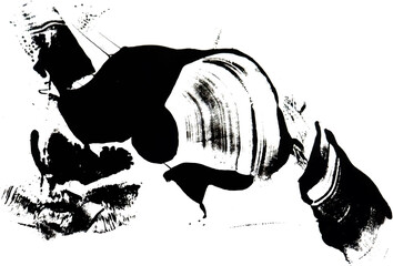 Spontaneous monochrome forms made with paint.