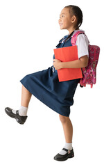Asian student child girl wears school uniform holding book with walking, isolated for design work