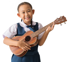 Asian student cute little girl wears school uniform playing ukulele, isolated for design work