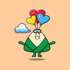 Cute cartoon Chinese rice dumpling mascot is skydiving with balloon and happy gesture cute modern style design 