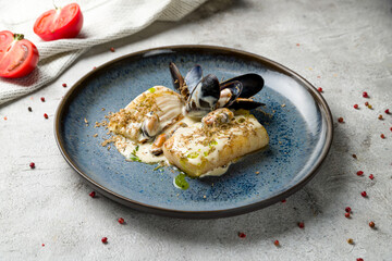 halibut steak on plate with mussels and creamy sauce on grey table